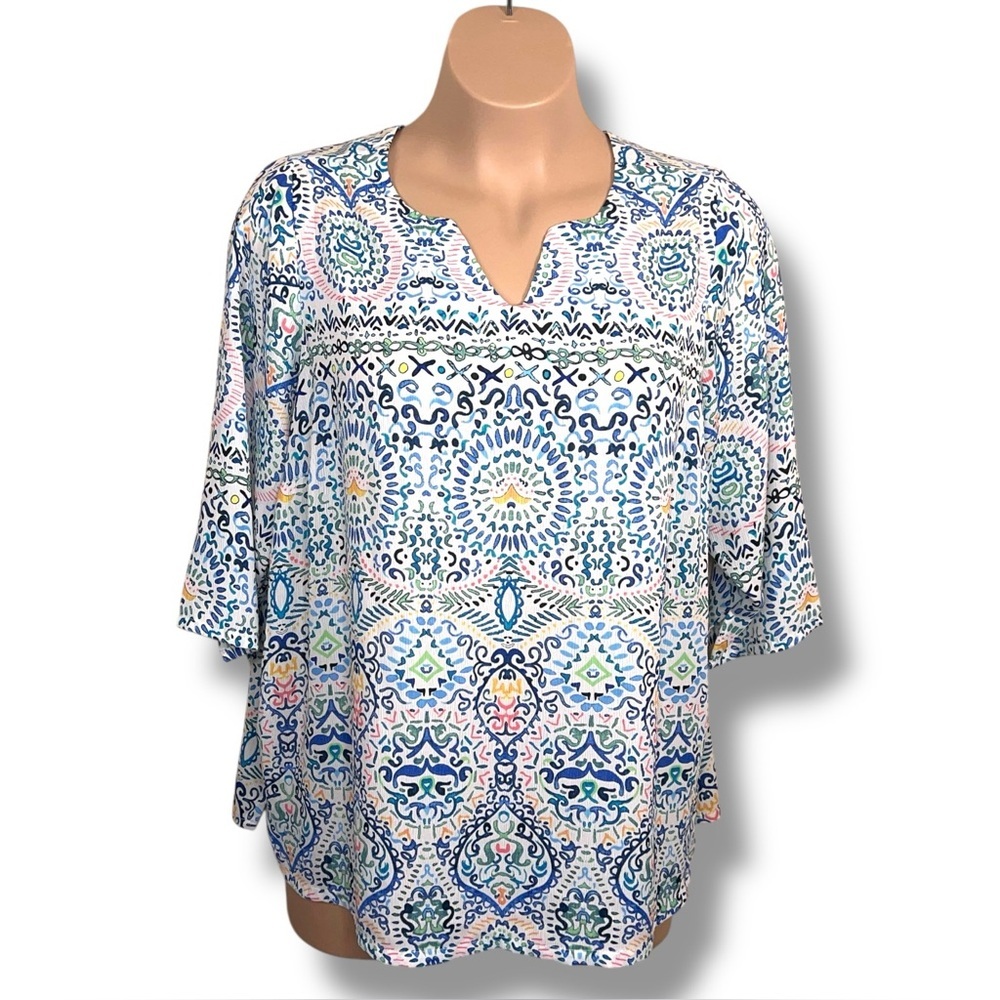 2X Finn And Grace Boho Blouse Top Blue White Peasant Geometric Bohemian
